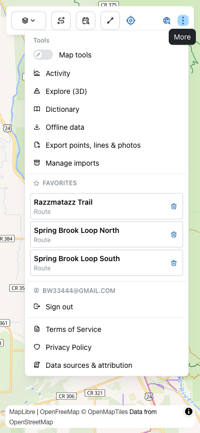 The More menu opened, showing Tools, Activity, Explore 3D, Dictionary, Offline data, and other items.
