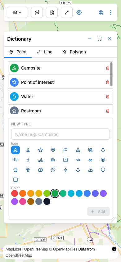 Dictionary dialog open on the Point tab, showing existing types (Campsite, Point of interest, Water, Restroom) and a New Type form with name, icon picker, and color picker.