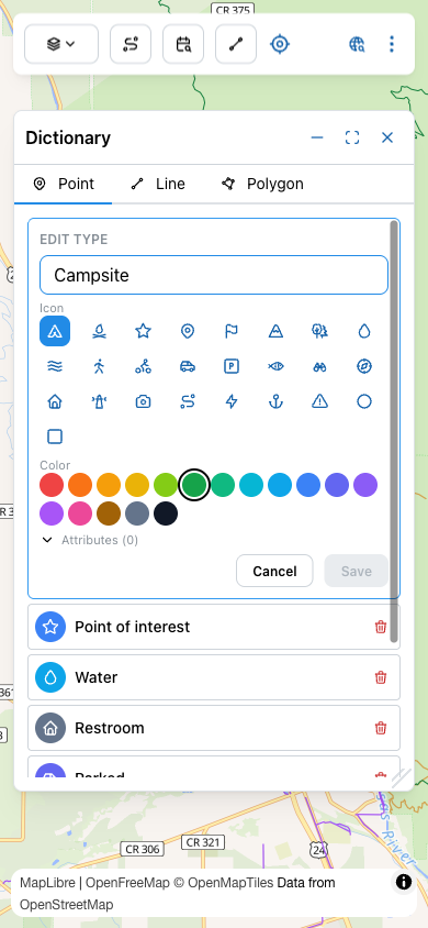Edit Type form for Campsite showing name field, icon picker grid, color picker row, and a collapsed Attributes (0) section.