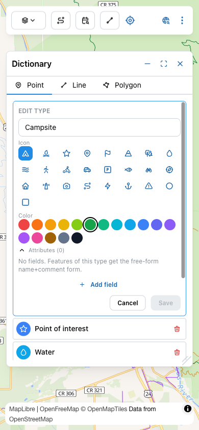 Attributes section expanded, showing 'No fields. Features of this type get the free-form name+comment form.' and an Add field button.