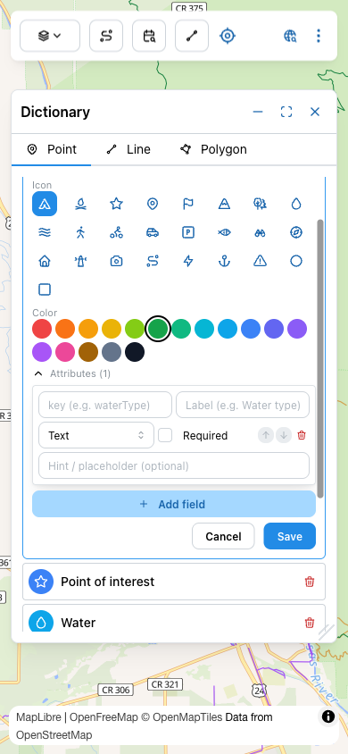 Single attribute field configuration showing key, label, type dropdown set to Text, Required checkbox, reorder arrows, delete icon, and a hint/placeholder field.