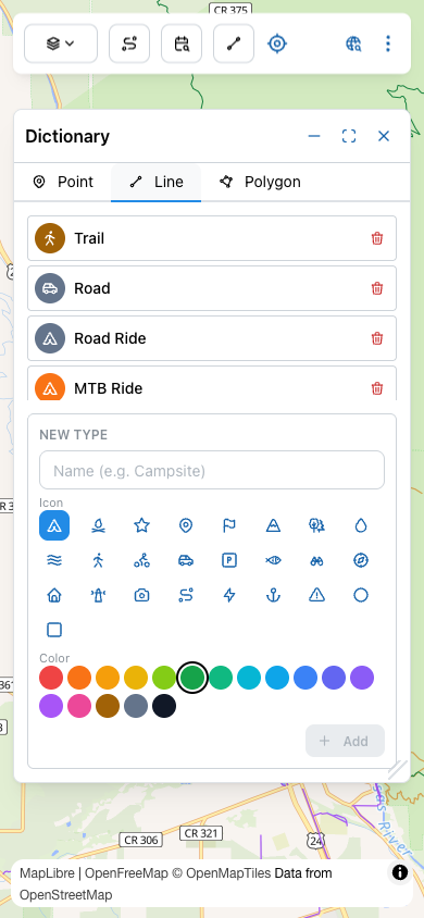 Line tab showing Trail, Road, Road Ride, and MTB Ride types, each with a distinctive icon and color.