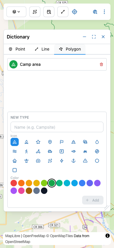 Polygon tab with one type: Camp area, using a green tent icon.
