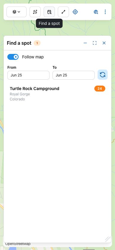 Find a spot panel showing Follow map, From and To date pickers, a Refresh button, and one campground result.