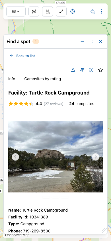 Facility detail for Turtle Rock Campground showing a photo carousel, 4.4 star rating, 24 campsites, and the Info tab with name, ID, type, and phone number.