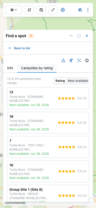 Campsites by rating tab showing 13 of 24 campsites have ratings, sort toggle between Rating and Next available, and a list of campsites with star ratings and next-available dates in green.