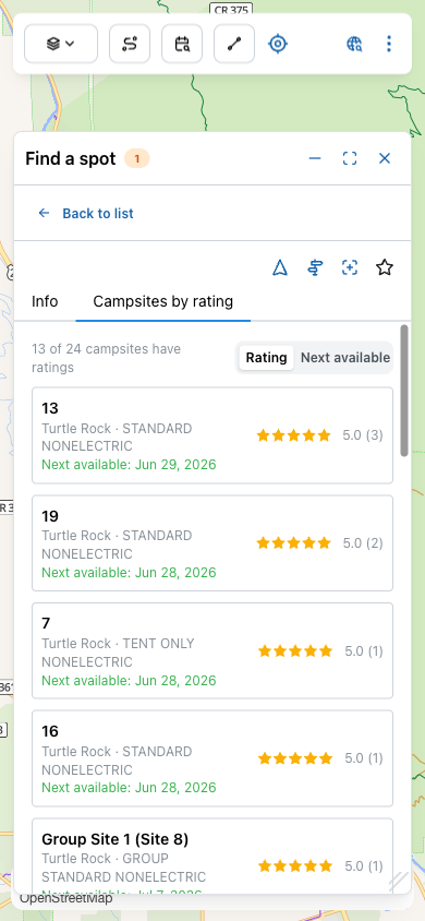 Campsite 13 detail showing a photo carousel of the site itself with its signpost, 5.0 star rating with 3 reviews, next-available date, and four tabs: Info, Ratings, Reservations, Facility.