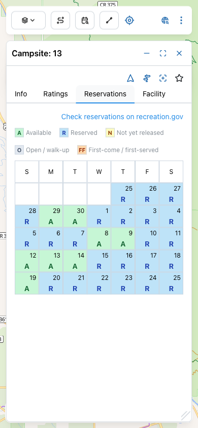 Calendar grid for campsite 13 with each day color-coded as Available, Reserved, Not yet released, Open/walk-up, or First-come/first-served.