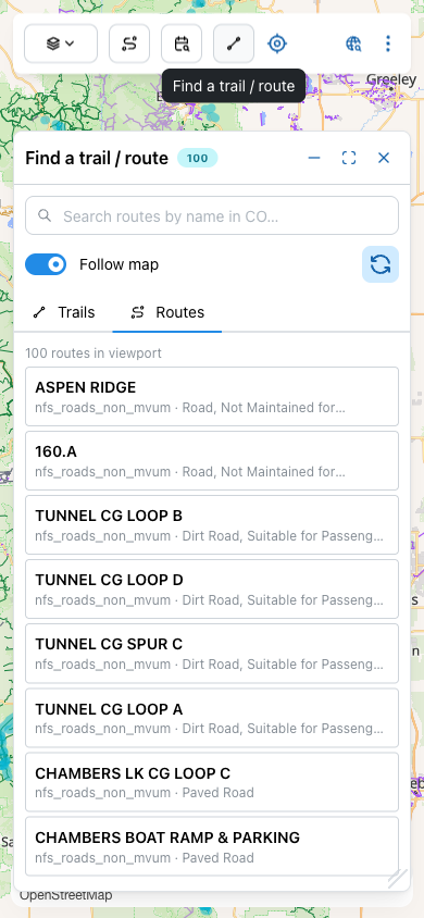 Find a trail panel opened, showing the Routes tab with a list of forest roads in the current viewport.
