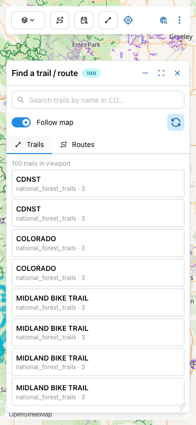 Trails tab selected, showing named footpaths.