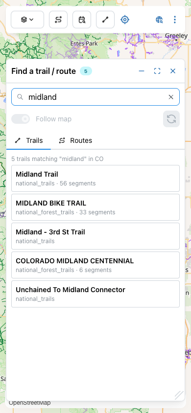 Search for 'midland' returning 5 matching trails, with segment counts shown for fragmented routes.