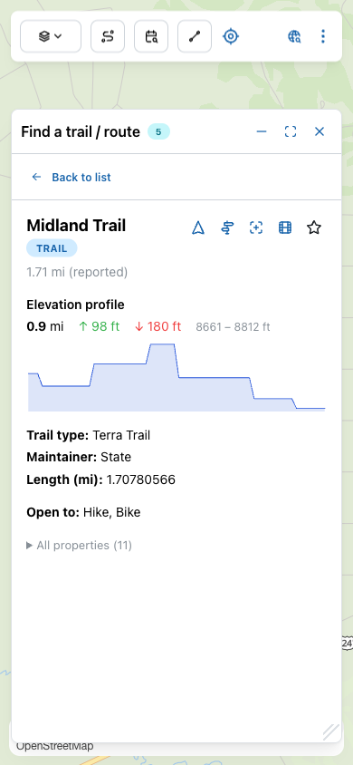 Detail screen for Midland Trail showing the elevation profile, length, surface, and metadata.