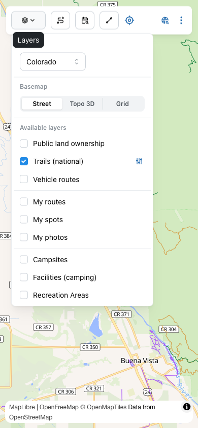 Layers menu open showing State (Colorado), Basemap (Street/Topo 3D/Grid), and a list of toggleable overlay layers including Public land ownership, Trails (national), Vehicle routes, My routes, My spots, My photos, Campsites, Facilities (camping), and Recreation Areas.