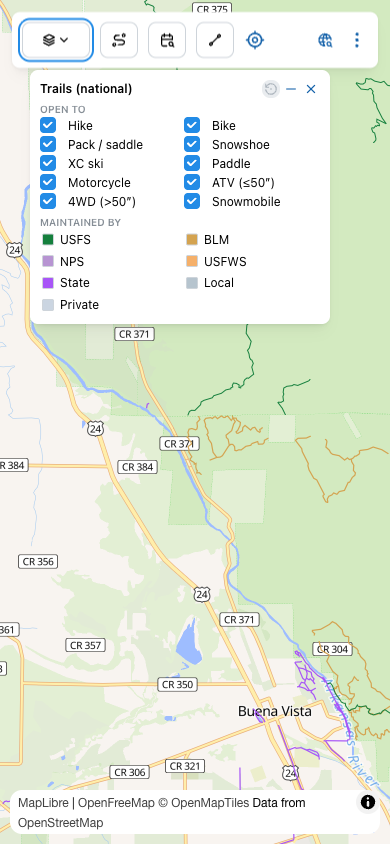 Trails (national) filter showing OPEN TO checkboxes (Hike, Pack/saddle, XC ski, Motorcycle, 4WD, Bike, Snowshoe, Paddle, ATV, Snowmobile) and MAINTAINED BY swatches (USFS, NPS, State, Private, BLM, USFWS, Local) — all currently selected.