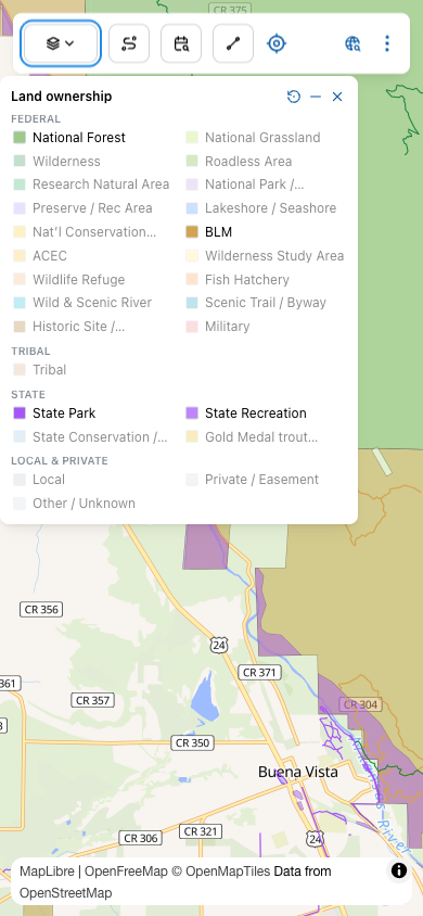 Land ownership filter showing categories grouped by FEDERAL (National Forest, Wilderness, BLM, etc.), TRIBAL, STATE (State Park, etc.), and LOCAL & PRIVATE — with color swatches per category.