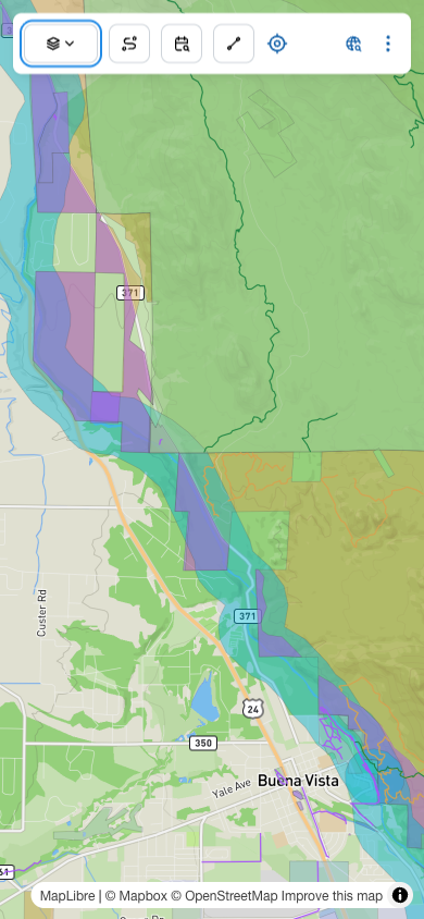 Topo 3D basemap showing dramatic terrain relief with land-ownership colors overlaid — orange BLM, green National Forest, purple State Park near Buena Vista, Colorado.