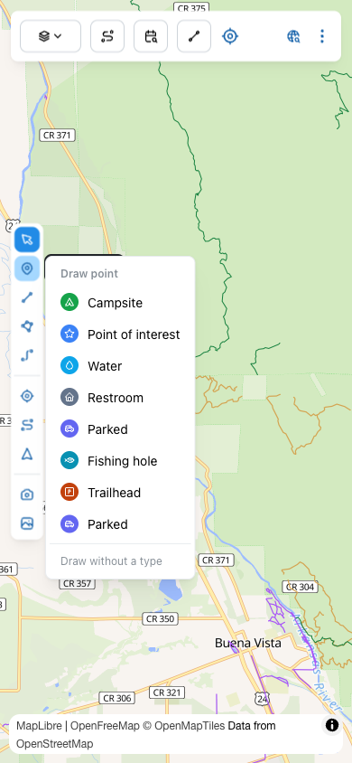 Draw point menu open with options: Campsite, Point of interest, Water, Restroom, Parked, Fishing hole, Trailhead, Parked, and 'Draw without a type'.