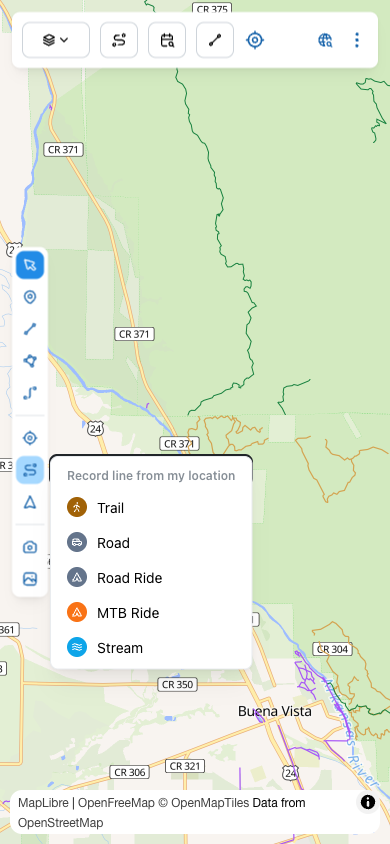 GPS line menu open showing 'Record line from my location' with options Trail, Road, Road Ride, MTB Ride, and Stream.