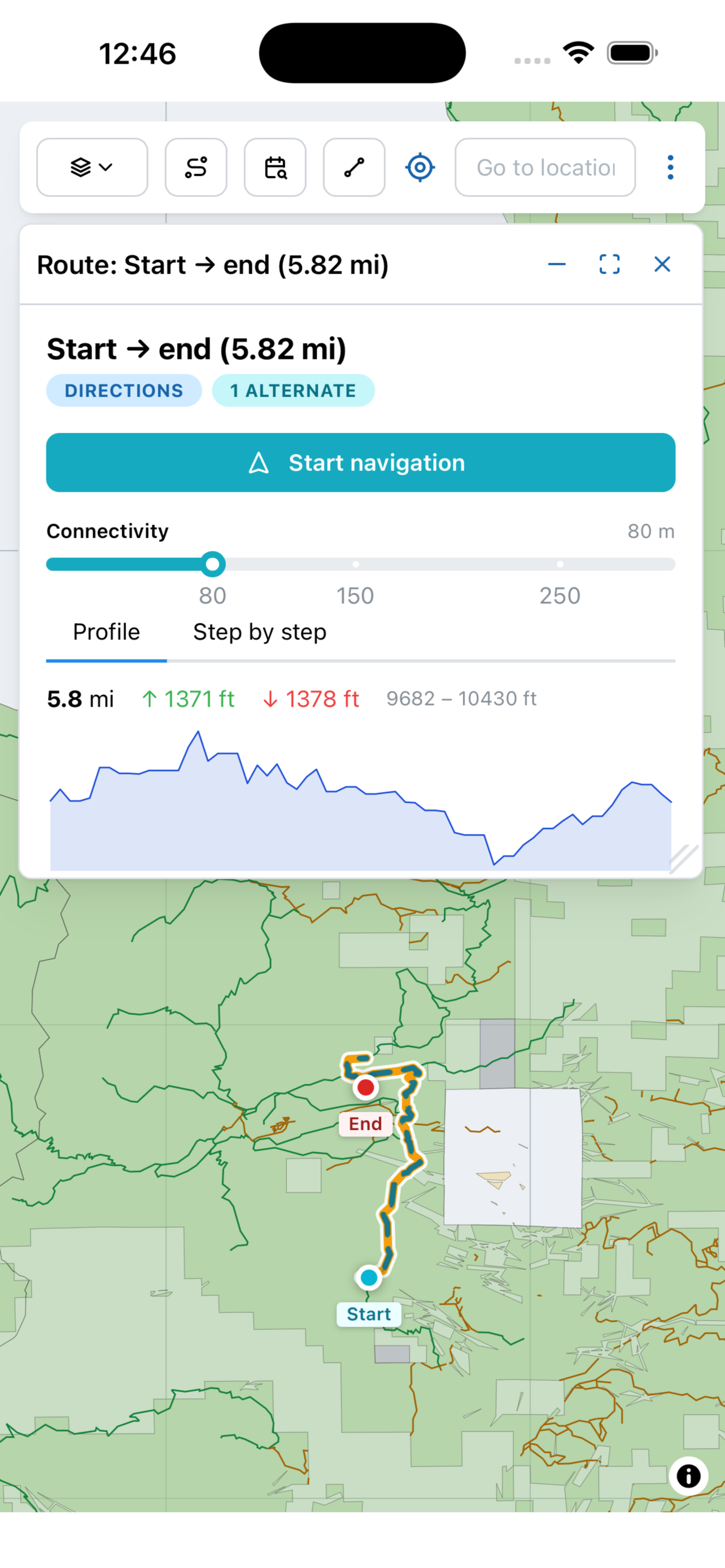 Trail-following nav panel titled 'Navigating: Midland Trail' showing big text '0.6 mi to end', an amber progress bar at 36%, '0.3 mi along · total 0.9 mi' below it, and an 'On trail' status badge in green.
