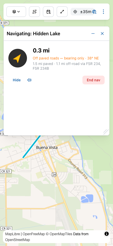 Off-paved nav panel titled 'Navigating: Hidden Lake' showing big text '0.3 mi', orange subtitle 'Off paved roads — bearing only · 38° NE', and a hybrid breakdown '1.5 mi paved · 1.1 mi off-road via FSR 234, FSR 234B'. The map underneath shows a teal dashed line — the off-paved extension — visible near Buena Vista.