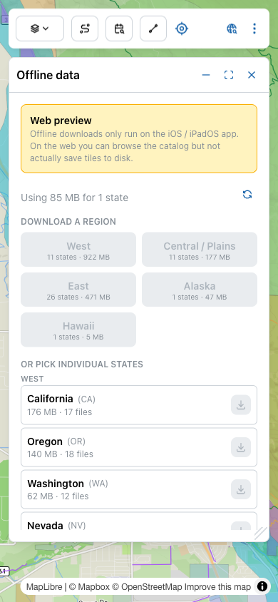 Offline data dialog showing a yellow 'Web preview' callout, current storage usage, region buttons (West, Central/Plains, East, Alaska, Hawaii), and an OR PICK INDIVIDUAL STATES list starting with California, Oregon, Washington, Nevada.