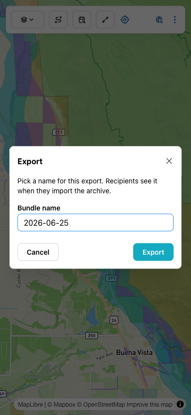 Export dialog with a Bundle name field defaulting to today's date and Cancel/Export buttons.