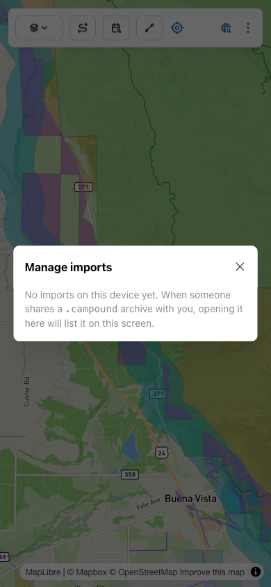 Manage imports dialog with empty state: 'No imports on this device yet. When someone shares a .campound archive with you, opening it here will list it on this screen.'