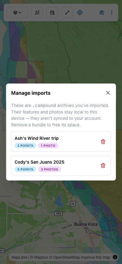 Manage imports populated with two bundles: 'Ash's Wind River trip' (2 POINTS, 1 PHOTO) and 'Cody's San Juans 2025' (5 POINTS, 3 PHOTOS), each with a red trash icon.