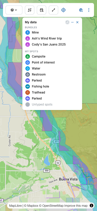 My data filter panel with two sections. BUNDLES: Mine, Ash's Wind River trip, Cody's San Juans 2025. MY SPOTS: Campsite, Point of interest, Water, Restroom, Parked, Fishing hole, Trailhead, Parked, Untyped spots — each with its icon and color.