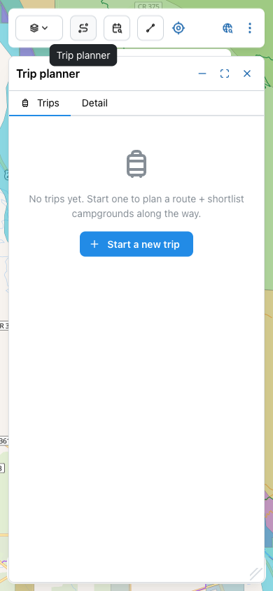 Trip planner dialog with two tabs (Trips, Detail), an empty state showing a suitcase icon, the message 'No trips yet. Start one to plan a route + shortlist campgrounds along the way.', and a blue '+ Start a new trip' button.
