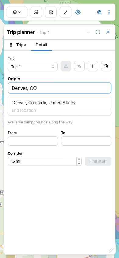 Origin field with 'Denver, CO' typed and a single autocomplete suggestion below it: 'Denver, Colorado, United States'.