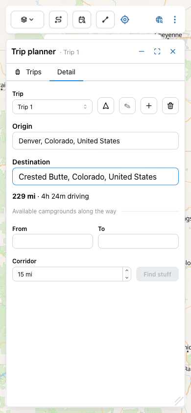 Detail view with Origin = Denver, Colorado, United States and Destination = Crested Butte, Colorado, United States. Below the destination: '229 mi · 4h 24m driving'. From/To date fields still empty. Corridor 15 mi. Find stuff still disabled.