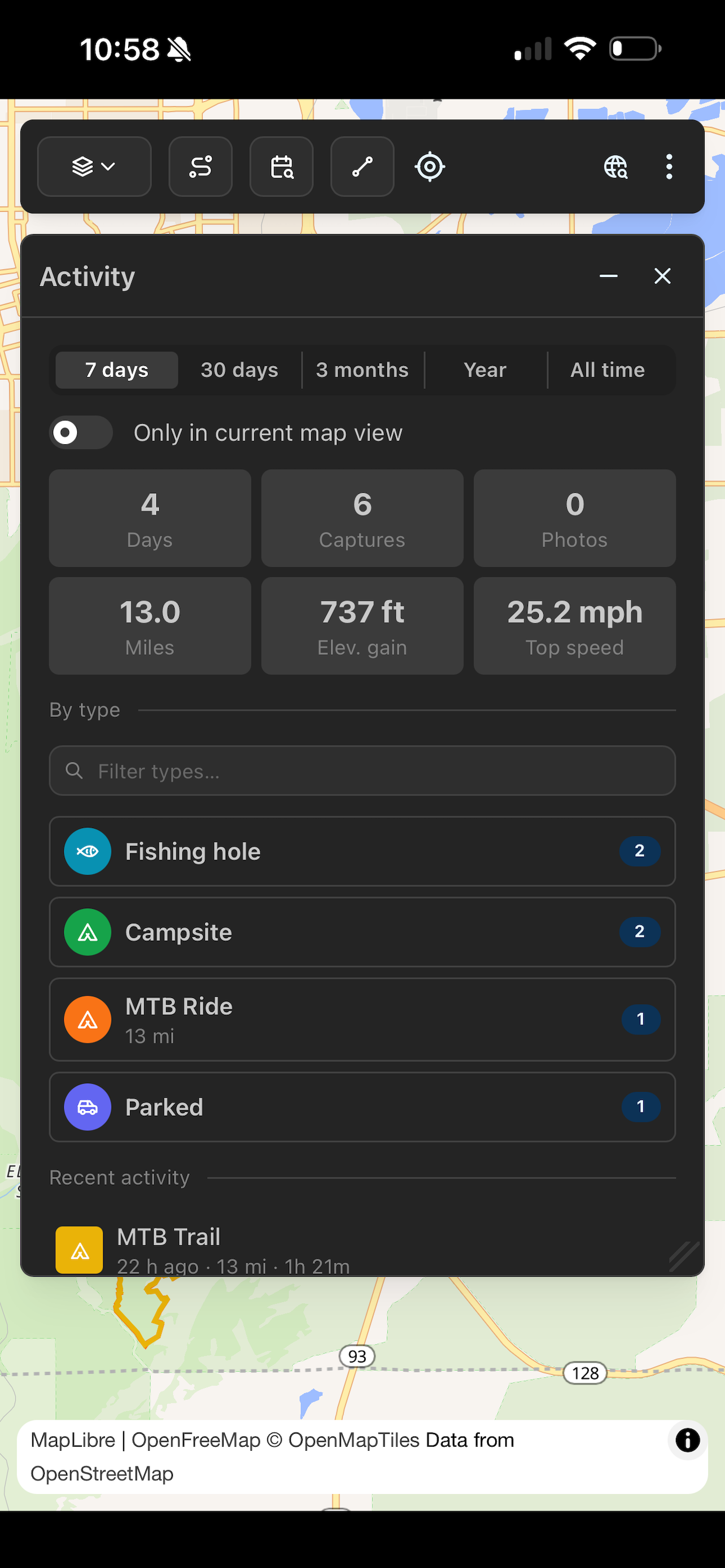 Activity dashboard rolling up days, captures, photos, miles, elevation gained and a recent activity feed by date range — Campound screenshot