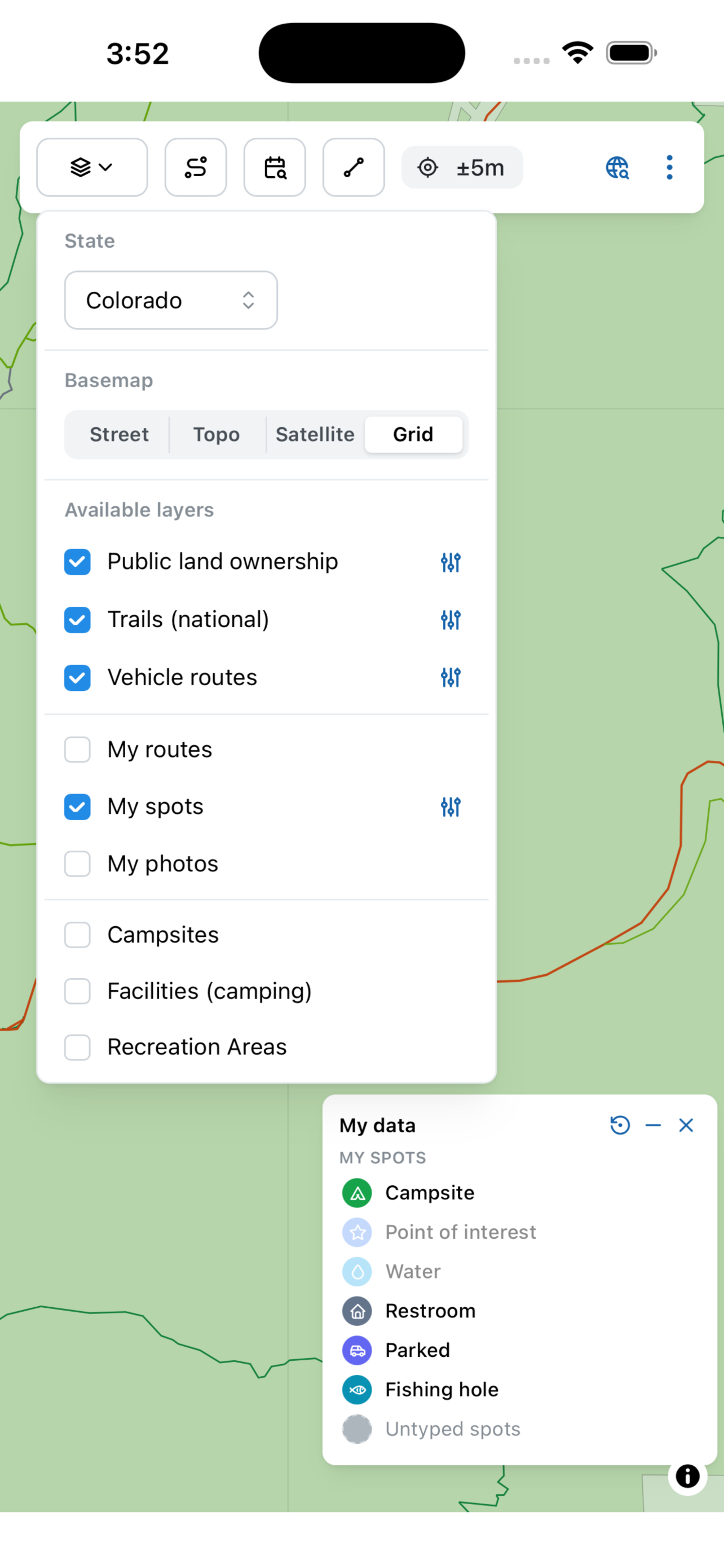 Per-type filter legend for My spots — Campound screenshot