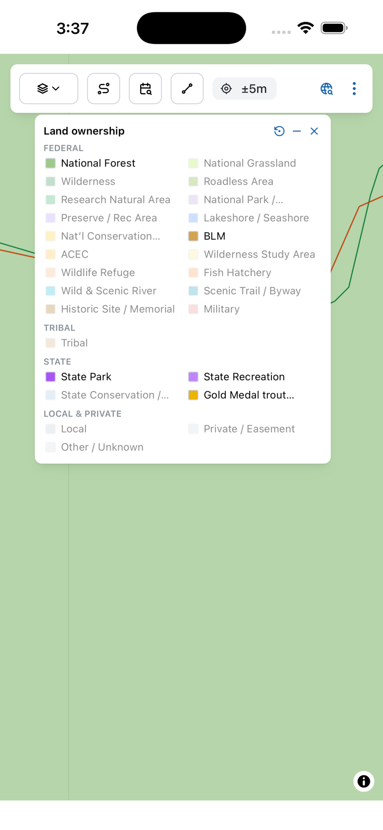 Colorado Gold Medal Streams toggled from the State section of the land legend — Campound screenshot