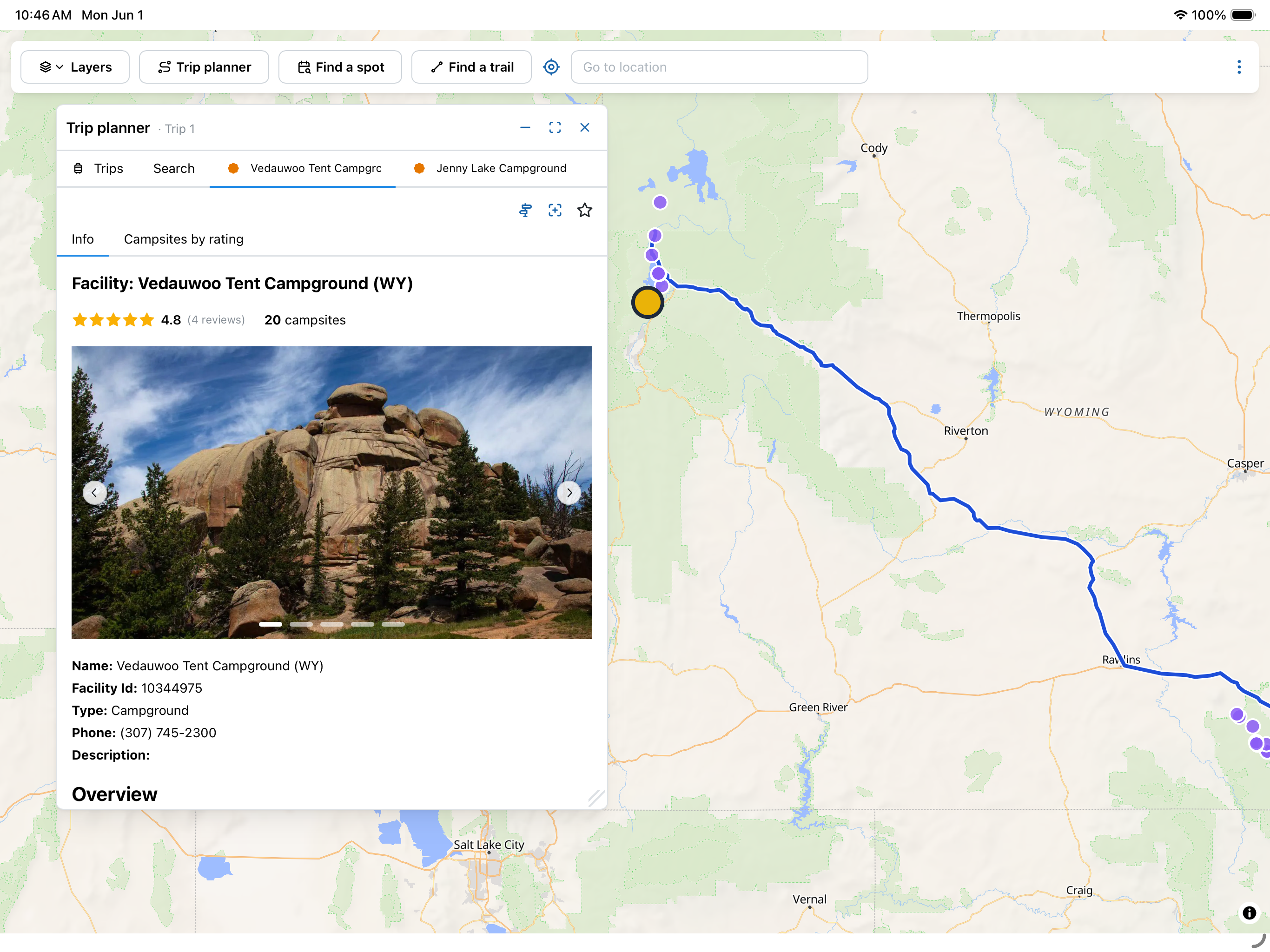 Campound on iPad Pro — trip planner with route corridor and a campground detail panel rendered side-by-side with the map