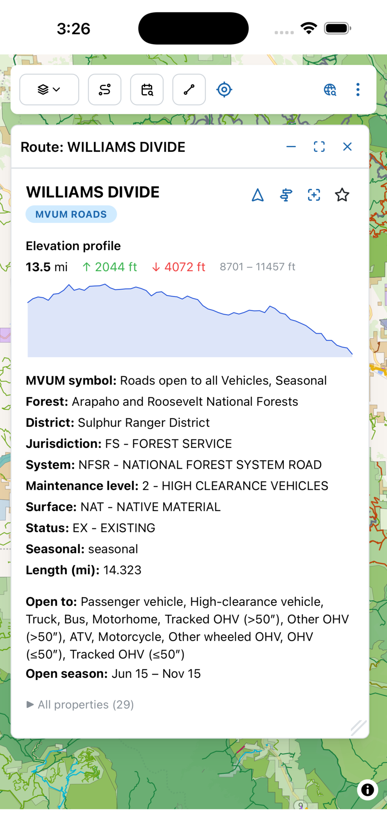 Full route metadata including per-vehicle permissions and seasonal date ranges — Campound screenshot