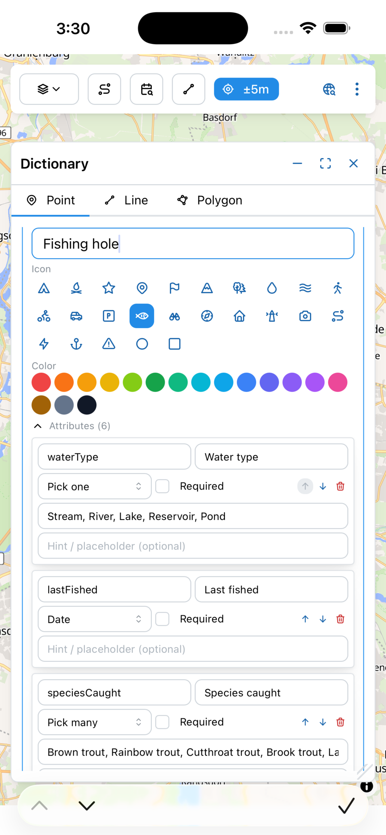 Per-type structured form for a Fishing hole pin with editable attribute schema — Campound screenshot